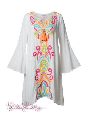 Lilly Pulitzer Ellie Tunic Dress "Resort White Too Much Bubbly" Neon Embroidery